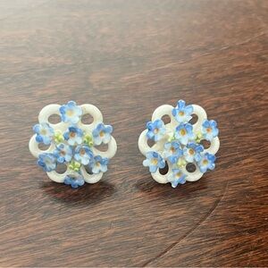 Denton England Vintage Bone China Blue And White Flower Earrings